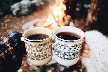 Warm mugs of coffee held by friends, surrounded by nature and flickering firelight