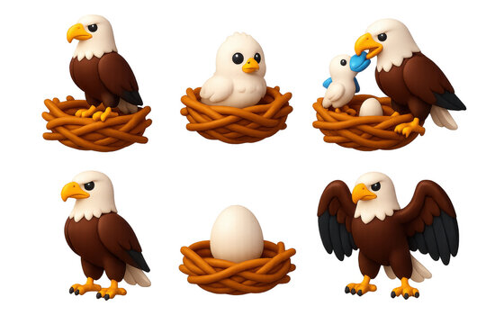Eagle Nest Icon Set. 3D icon set of eagle nesting: high nest, eaglet chick, twig base, feeding fish, guarding pose, egg in nest. A