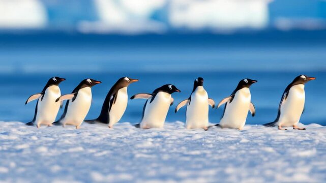Seven penguins walking across snow and ice landscape with blue water background under sunlight
