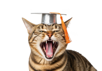 A hilarious bengal cat yawning wide wearing a silver graduation cap with an orange tassel isolated on transparent background
