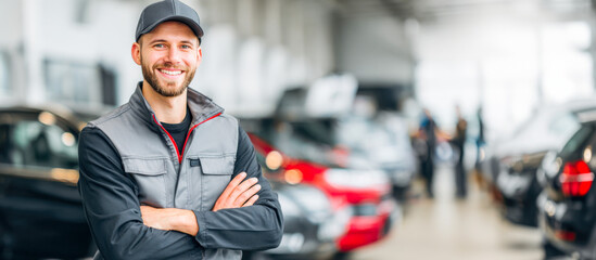 Confident male auto mechanic stands in modern car repair shop with tools and vehicles around