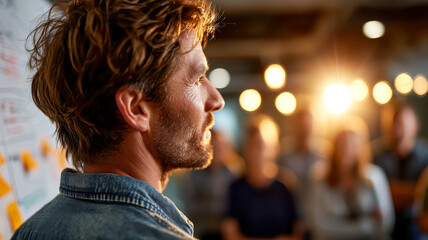 A business man is giving a presentation to a group. He is wearing a denim shirt in the front. There is a group in background.