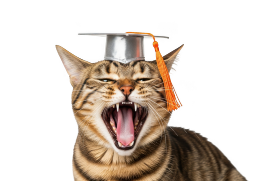A hilarious bengal cat yawning wide wearing a silver graduation cap with an orange tassel isolated on transparent background - Powered by Adobe