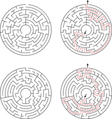 Four circular mazes two solved with red dashed lines and arrows labyrinth puzzle