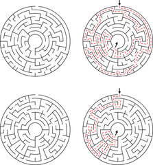 Four circular mazes with two solved paths indicated by red dashed lines labyrinth