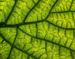 Translucent green leaf macro with intricate vein patterns and glowing texture, revealing detailed cellular structure