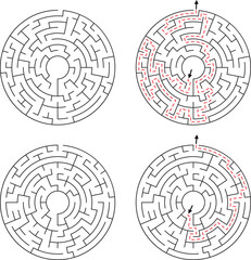 Four circular mazes with two solved paths indicated by red dashed lines labyrinth