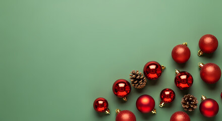 ELEGANT CHRISTMAS CORNER DECORATION ON SAGE GREEN BACKGROUND WITH COPY SPACE