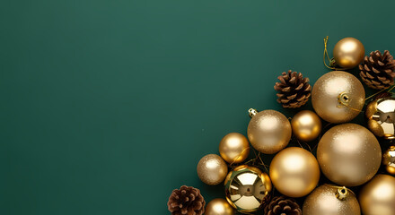 ELEGANT GOLD CHRISTMAS ORNAMENTS AND PINE CONES ON A DARK GREEN BACKGROUND WITH COPY SPACE