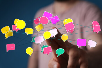 Abstract visual representation of online communication, social media, and digital networking, depicting convers