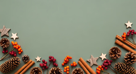 RUSTIC WINTER HOLIDAY DECORATIONS: PINE CONES, CINNAMON STICKS, AND BERRIES ON SAGE GREEN BACKGROUND