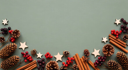 RUSTIC CHRISTMAS BORDER FRAME WITH PINE CONES, CINNAMON, AND BERRIES ON SAGE GREEN PAPER