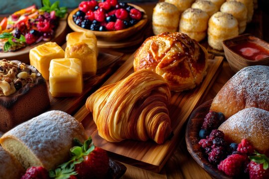 Delicious Pastries and Fresh Fruits Arranged Beautifully on Wooden Platters at a Breakfast Setting - Powered by Adobe