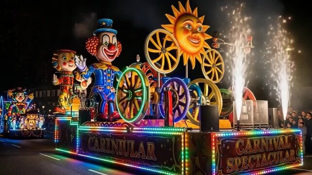 Colorful carnival float with mechanical parts and bright lights entertains audience during nighttime celebration