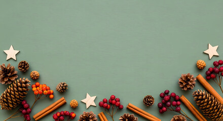 ELEGANT WINTER BORDER WITH PINE CONES, CINNAMON STICKS, AND BERRIES ON A SAGE GREEN BACKGROUND