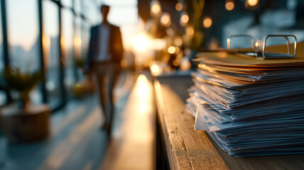 Stack of documents on desk with glasses, sunlight streaming through office windows as a figure walks by, creating a serene workspace scene.