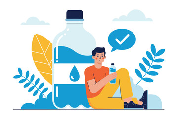 A person drinks water from a bottle next to a very large bottle of water, symbolizing hydration and health.