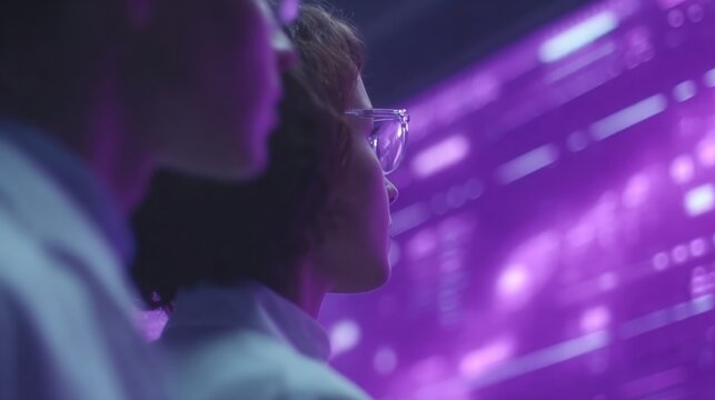 Futuristic laboratory scene with researchers observing vibrant data displays, immersed in technology