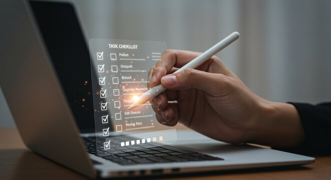 Professional business person digitally checks off tasks on futuristic holographic checklist with stylus on modern laptop screen, enhancing productivity and planning.