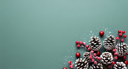 FESTIVE CHRISTMAS CORNER WITH FROSTED PINE CONES, RED BERRIES, AND COPY SPACE ON SAGE GREEN BACKGROUND