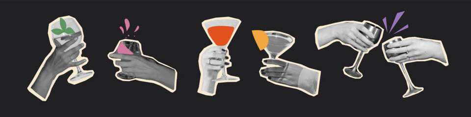 Hands holding glasses with colorful drinks. Modern retro collage illustration for grunge party design, digital scrapbook stickers, mixed media posters and fun celebration graphics. © Loya.art