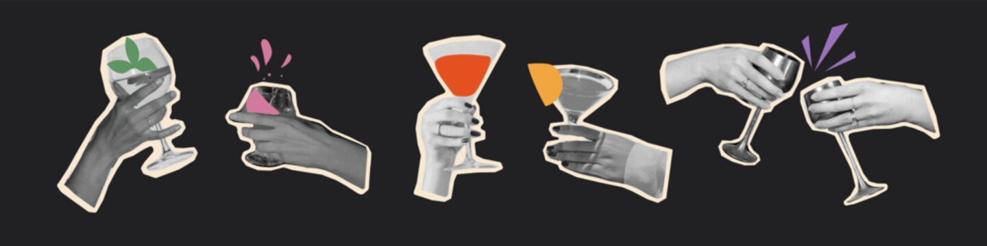 Hands holding glasses with colorful drinks. Modern retro collage illustration for grunge party design, digital scrapbook stickers, mixed media posters and fun celebration graphics.