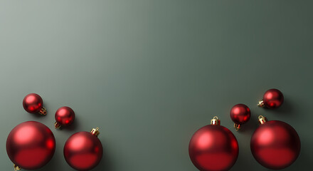 ELEGANT RED CHRISTMAS ORNAMENTS ON MINIMALIST SAGE GREEN BACKGROUND WITH COPY SPACE