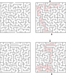 Four square mazes with two showing a red dashed solution path 