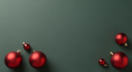 ELEGANT CHRISTMAS BACKGROUND WITH RED BAUBLES ON DARK GREEN TEXTURED SURFACE