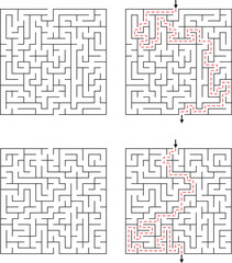 Four square mazes with two solved paths highlighted in red dashed lines and arrows