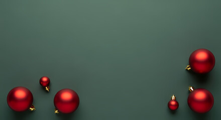 ELEGANT RED CHRISTMAS ORNAMENTS ON DARK GREEN MINIMALIST BACKGROUND