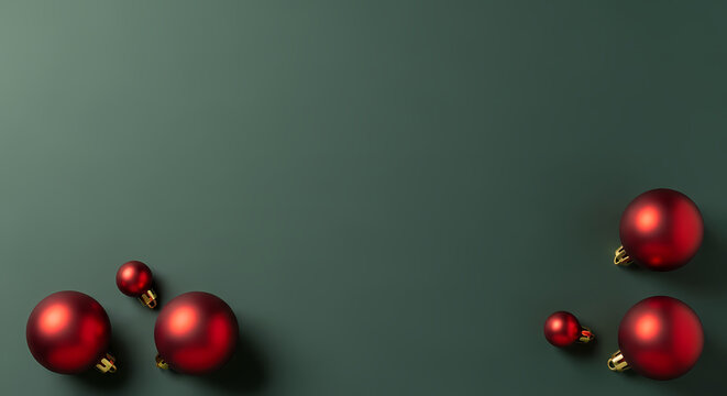 FESTIVE RED CHRISTMAS ORNAMENTS SCATTERED ON A MINIMAL DARK GREEN BACKGROUND FOR HOLIDAY GREETINGS AND COPY SPACE - Powered by Adobe