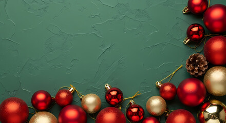 LUXURIOUS RED AND GOLD CHRISTMAS ORNAMENT BORDER ON RICH GREEN TEXTURED BACKGROUND