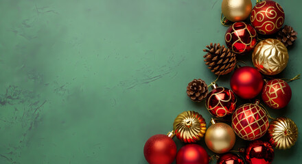 LUXURIOUS CHRISTMAS COMPOSITION: RED AND GOLD BAUBLES ON TEXTURED DARK GREEN BACKGROUND WITH COPY SPACE