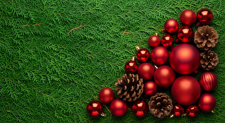 FESTIVE RED CHRISTMAS DECORATIONS CORNER ON LUSH GREEN BACKGROUND