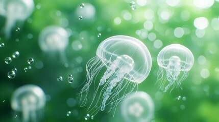 A captivating underwater scene showcasing luminous jellyfish gracefully drifting in a vibrant green background. Their delicate tentacles create a sense of tranquility and wonder. 
