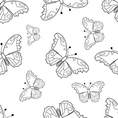 Minimalist seamless vector pattern of black and white butterflies. Elegant line art illustration with delicate linear outline. Modern monochrome design flying insect for contemporary wallpaper,fabric