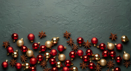 CHRISTMAS HOLIDAY BACKGROUND WITH RED AND GOLD ORNAMENTS AND STAR ANISE ON DARK TEXTURED SURFACE