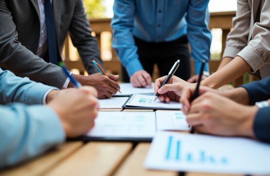 Business team collaborating during a meeting with documents and charts on a wooden table