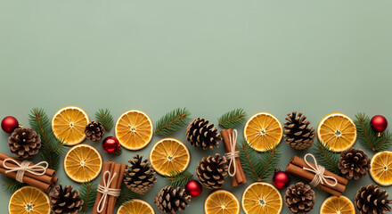 FESTIVE RUSTIC CHRISTMAS BORDER WITH DRIED ORANGES AND SPICES ON SAGE GREEN BACKGROUND
