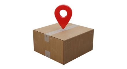 Red location pin stuck in cardboard box symbolizing delivery destination and shipping services