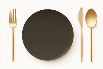 Elegant black plate surrounded by golden cutlery creates modern dining setup