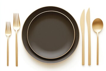 Elegant black plate set with gold utensils arranged neatly, showcasing sophistication