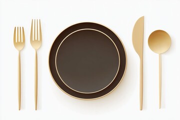 Elegant table setting features dark plate with golden cutlery arranged perfectly