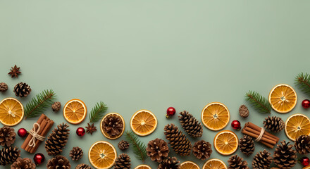 FESTIVE WINTER SPICE BORDER ON SAGE GREEN BACKGROUND WITH COPY SPACE