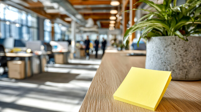 A vibrant yellow notepad graces a wooden office desk, a fresh reminder amidst a modern, open-plan workspace. People walking in background. - Powered by Adobe