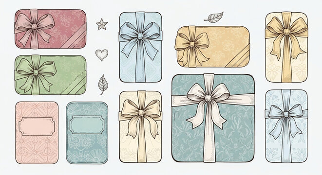 Beautifully illustrated collection of pastel gift boxes tied with elegant ribbons, perfect for celebrations and special occasions.