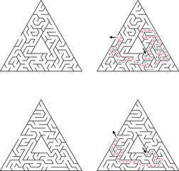 Four triangular mazes with two showing a red dashed solution path 