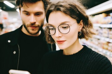 Couple engaged in shopping, examining phone together in grocery aisle