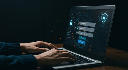 Confidently securing digital access, a person types credentials into a modern laptop displaying a virtual login interface with glowing cybernetic elements